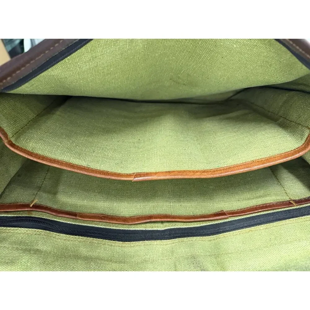 Vintage Brown Leather Messenger Bag-Distressed Patina, Brass Buckle, Green Liner